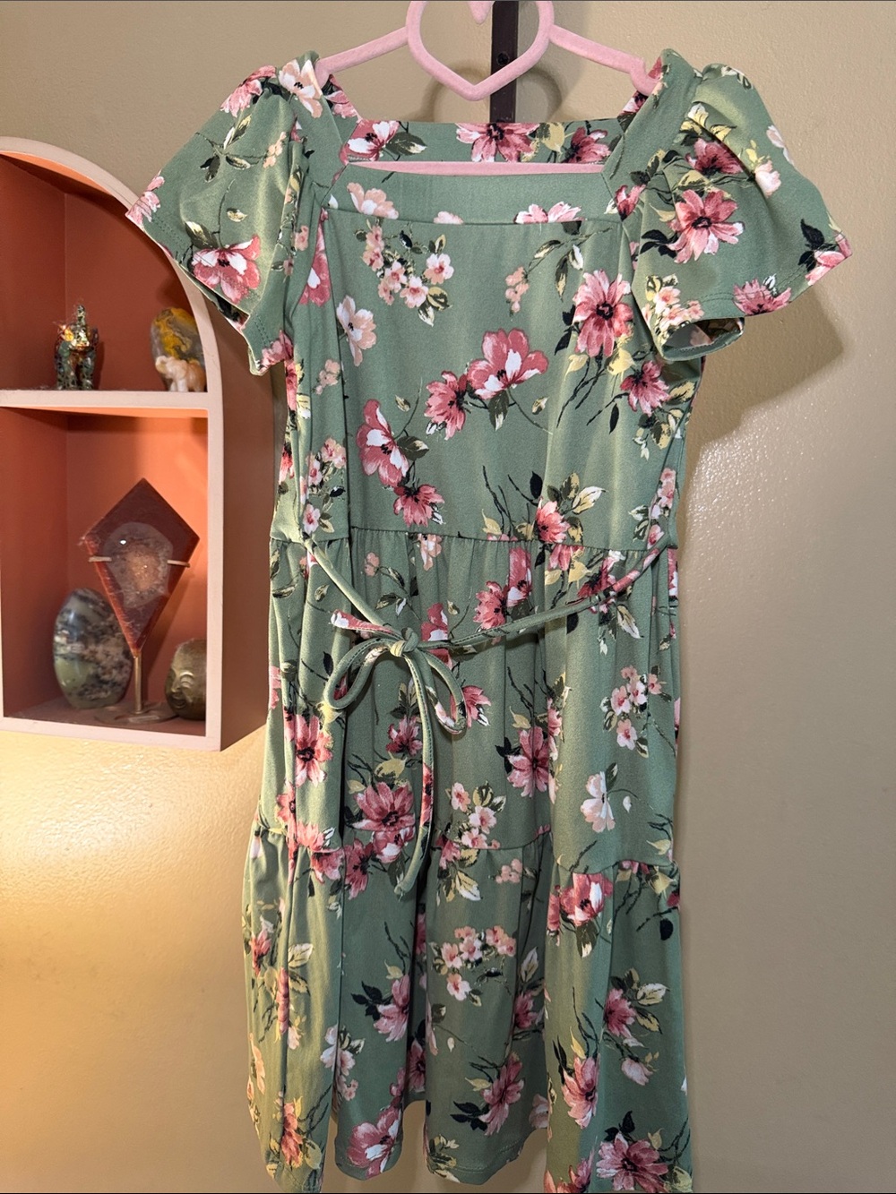 Xtraordinary Olive Green Floral Dress with Pink Blooms